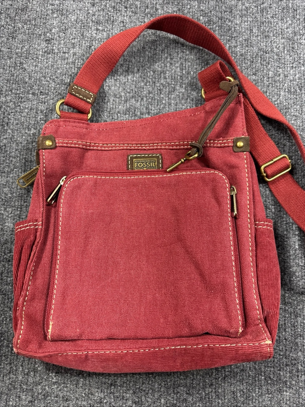 Fossil Brick Red Canvas Crossbody Bag
